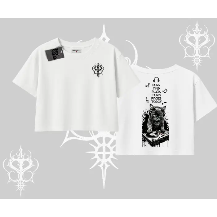 DJ Kedi Baskılı Müzik Temalı Oversize Crop Tshirt