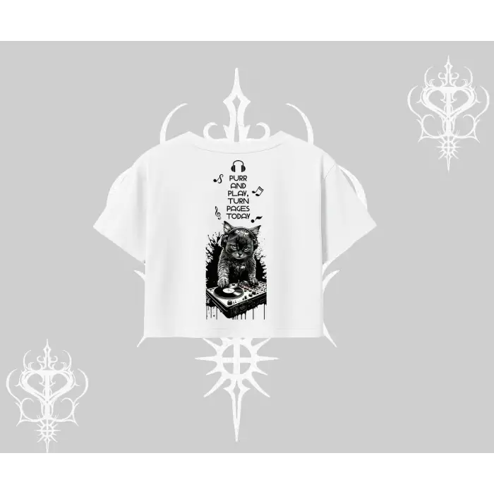 DJ Kedi Baskılı Müzik Temalı Oversize Crop Tshirt
