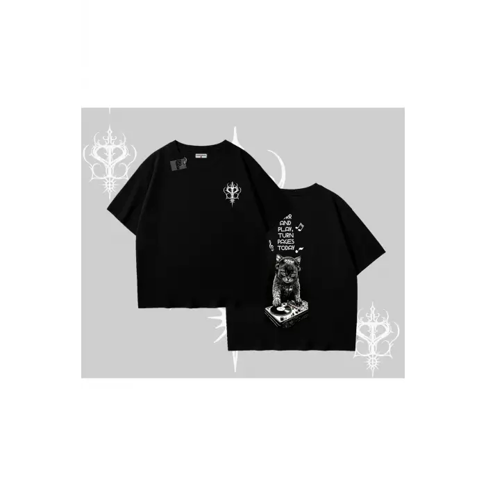 DJ Kedi Baskılı Müzik Temalı Oversize Tshirt