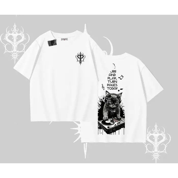 DJ Kedi Baskılı Müzik Temalı Oversize Tshirt
