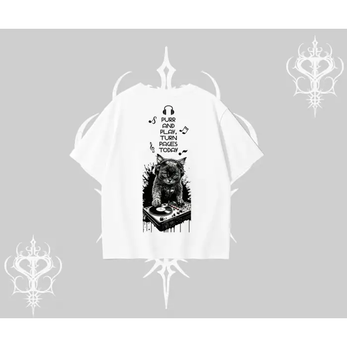DJ Kedi Baskılı Müzik Temalı Oversize Tshirt
