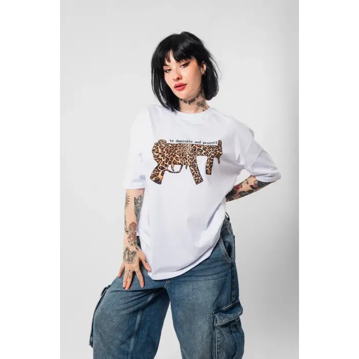 Dominante Leopar Baskılı Oversize Unisex Beyaz