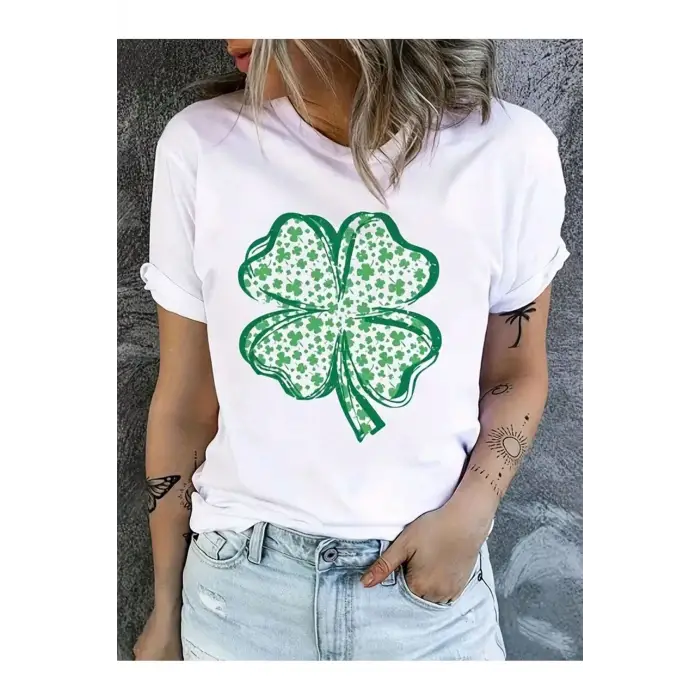 Dört Yapraklı Yonca Baskılı Oversize Kadın T-Shirt