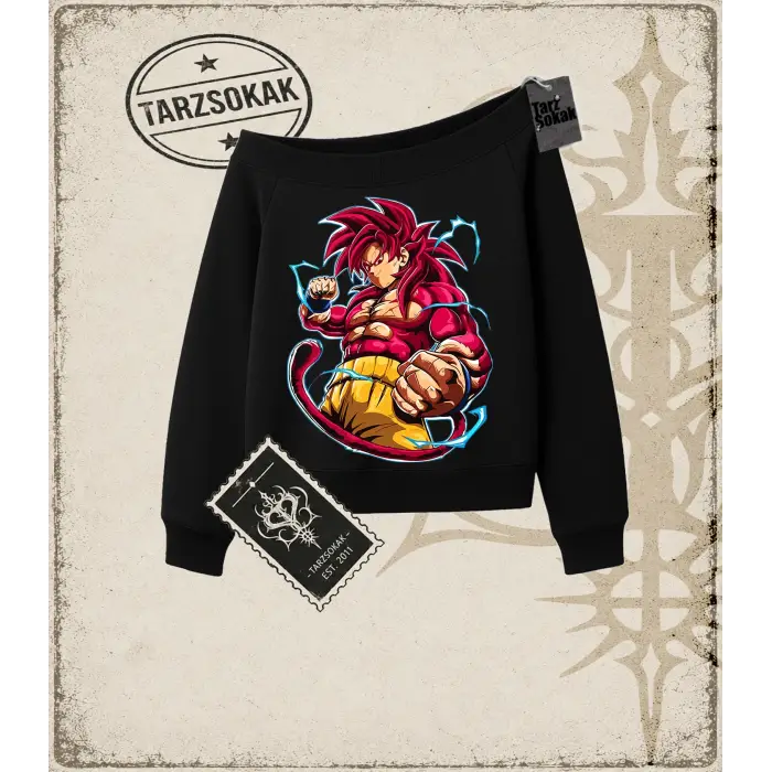 Dragon Ball Anime Baskılı Kadın Kayık Yaka Sweatshirt