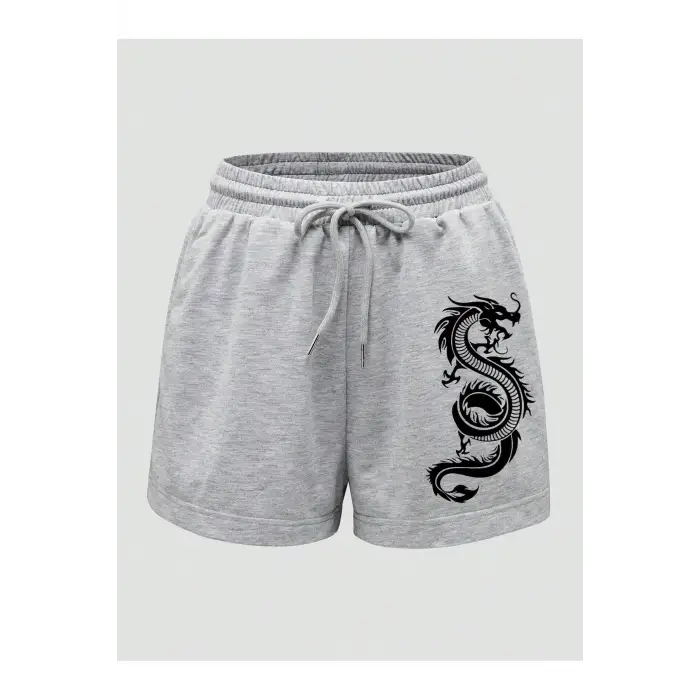 Dragon Graphic Drawstring Waist Track Şort