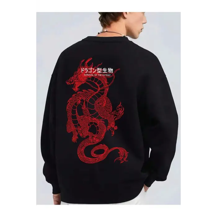 Dragon & Slogan Graphic Drop Shoulder Sweatshirt Siyah