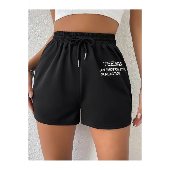 Drawstring Waist Slogan Graphic Track Şort