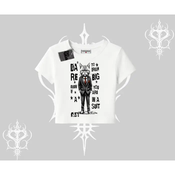 Dream Big Yazılı Takım Elbiseli Kedi Baskılı Babby Tee Tshirt