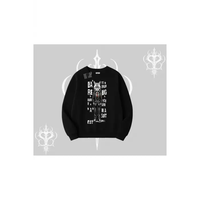 Dream Big Yazılı Takım Elbiseli Kedi Baskılı Biskilet Sweatshirt
