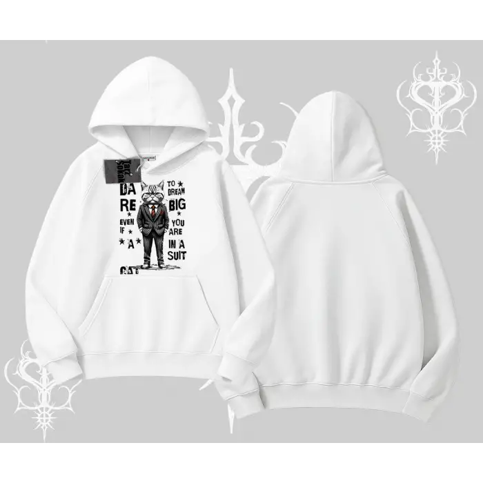 Dream Big Yazılı Takım Elbiseli Kedi Baskılı Kapşonlu Sweatshirt