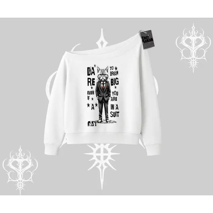Dream Big Yazılı Takım Elbiseli Kedi Baskılı Kayık Yaka Sweatshirt