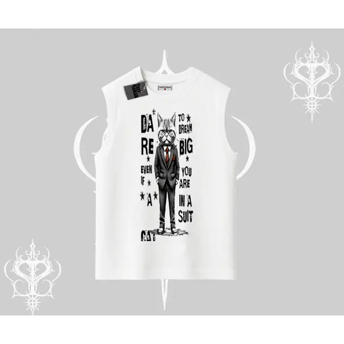 Dream Big Yazılı Takım Elbiseli Kedi Baskılı Kolsuz Tshirt