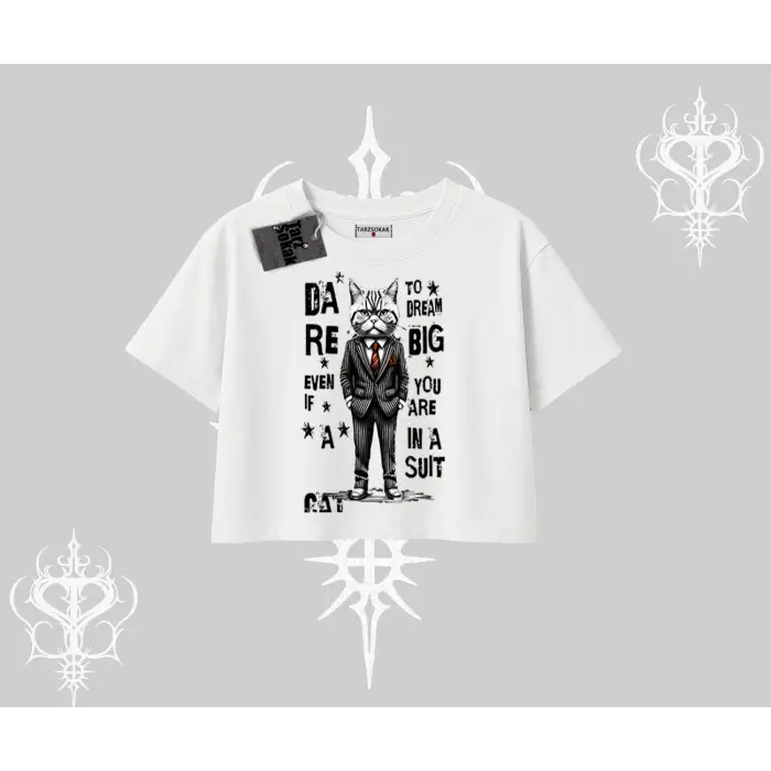 Dream Big Yazılı Takım Elbiseli Kedi Baskılı Oversize Crop Tshirt