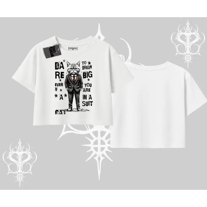 Dream Big Yazılı Takım Elbiseli Kedi Baskılı Oversize Crop Tshirt