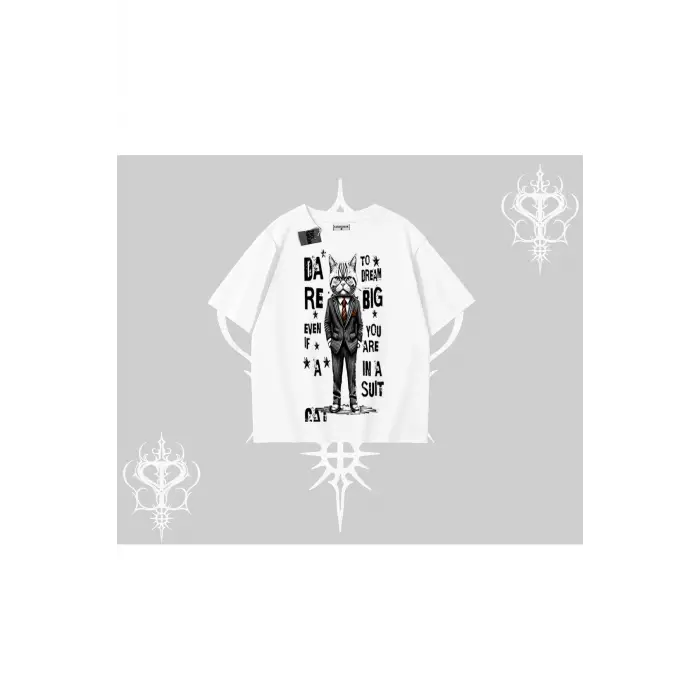 Dream Big Yazılı Takım Elbiseli Kedi Baskılı Oversize Tshirt