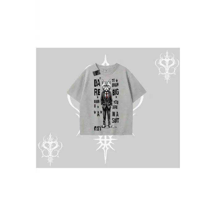 Dream Big Yazılı Takım Elbiseli Kedi Baskılı Oversize Tshirt