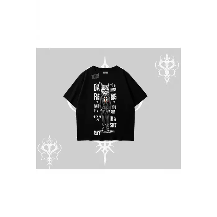 Dream Big Yazılı Takım Elbiseli Kedi Baskılı Oversize Tshirt