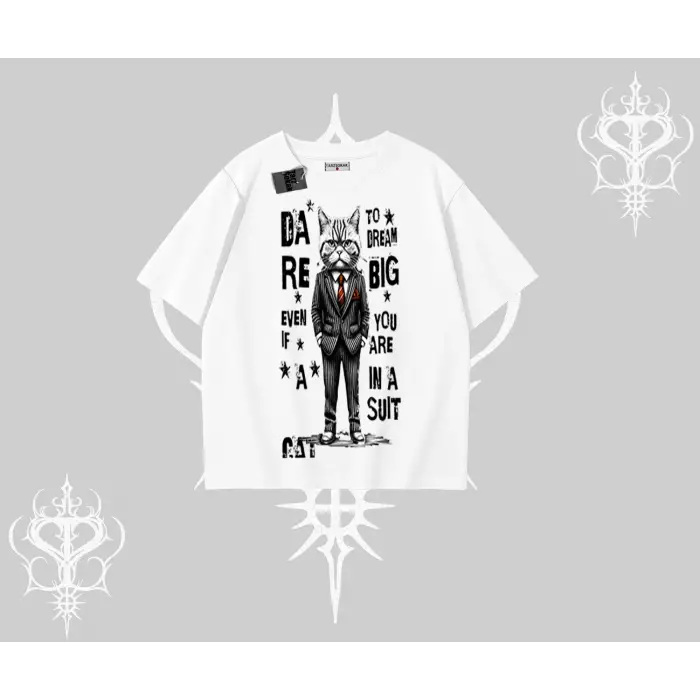 Dream Big Yazılı Takım Elbiseli Kedi Baskılı Oversize Tshirt