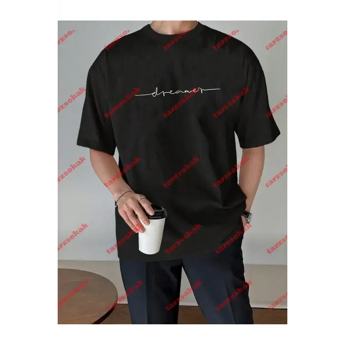 Dreamer Baskılı Oversize Bisiklet Yaka Tshirt Siyah