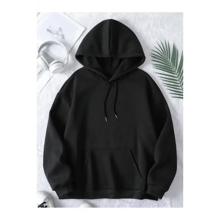 DÜZ Renkli Baskılı Oversize Kapüşonlu Sweatshirt Siyah