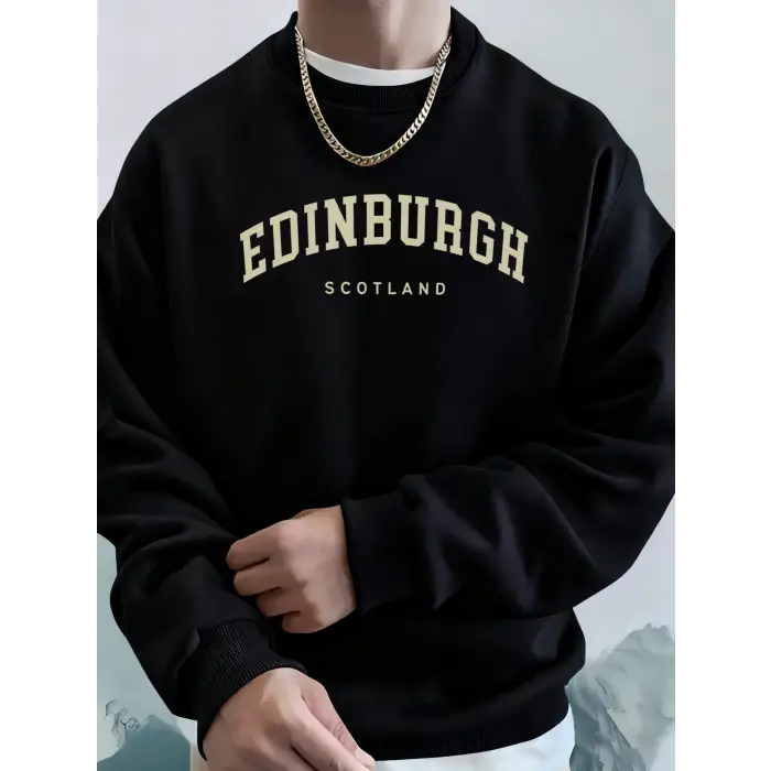 Edinburgh Scotlano Mektup Baskıları Gevşek Polar Kapüşonlular Erkek Cep Bisiklet Yaka Eşofman