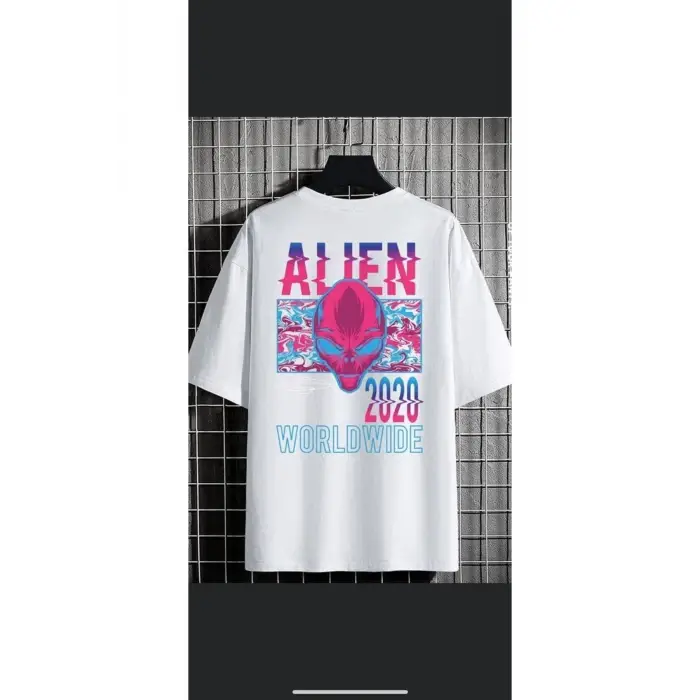 Erkek Beyaz Alıen Oversize Bisiklet Yaka Tshirt