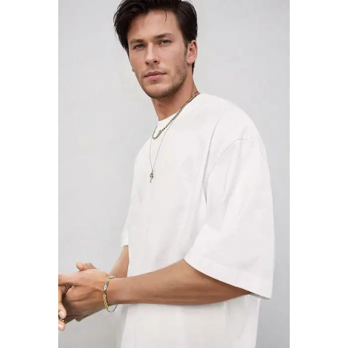 Erkek Beyaz Basic Düz Baskısız Oversize Salas Boyfriend