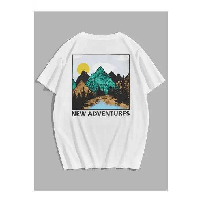 Erkek Beyaz Mountaın Baskılı Bisiklet Yaka Tshirt