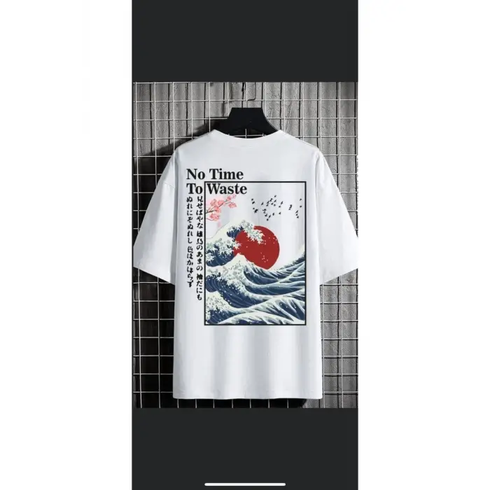 Erkek Beyaz No Time Oversize Bisiklet Yaka Tshirt