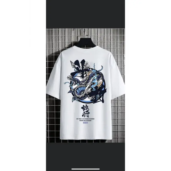 Erkek Beyaz Pusula Oversize Bisiklet Yaka Tshirt