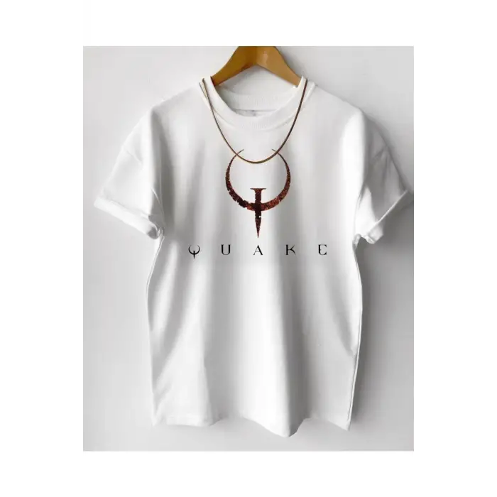 Erkek Beyaz Quake Baskılı Tshirt