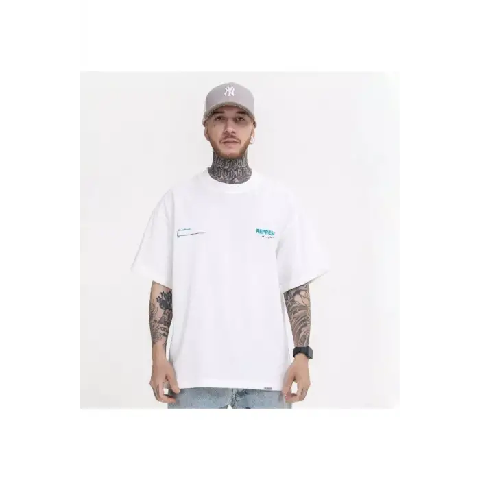 Erkek Beyaz Represent Baskılı Bisiklet Yaka Tshirt