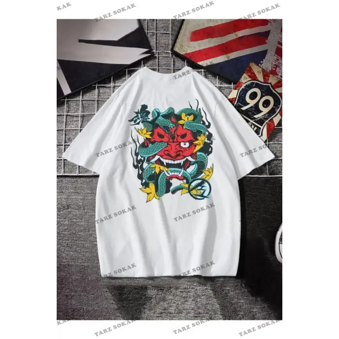Erkek Beyaz T-shirt Devıl Sırt Baskılı Oversize