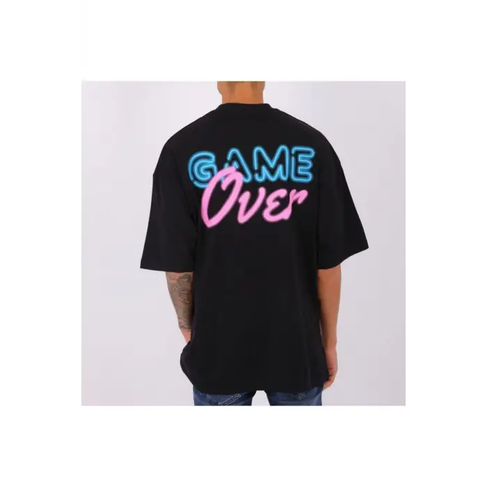 Erkek Game Over Baskılı Oversize Bisiklet Yaka Tshirt