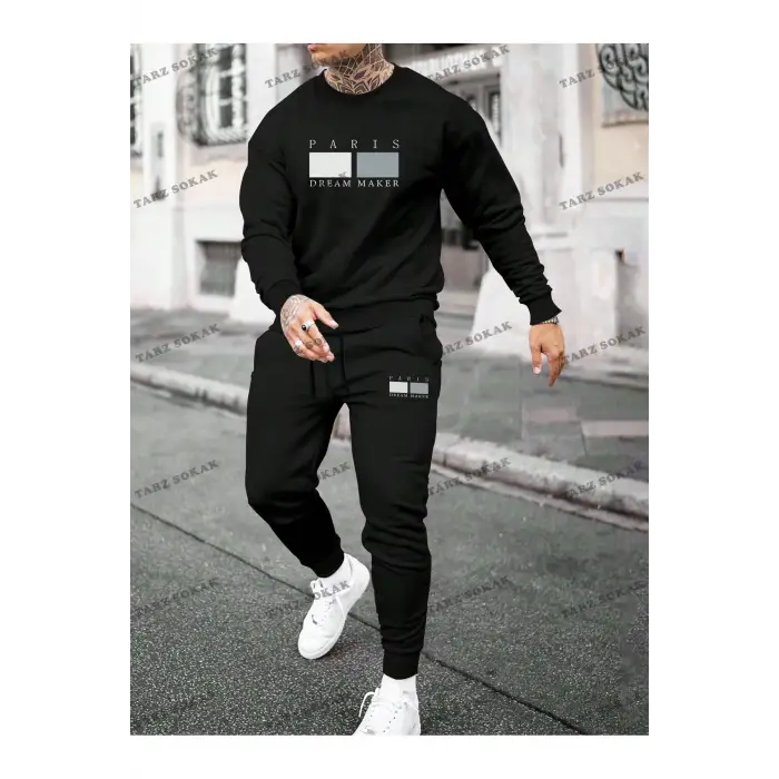 Erkek Günlük Harf Baskı Büyük Boy Kazak ve Jogger Pantolon Takım