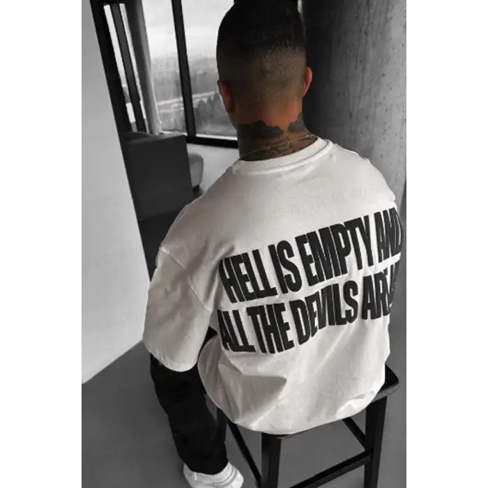 Erkek Hell & Devil Kabaran Baskı Ekru Bisiklet Yaka Oversize Salas