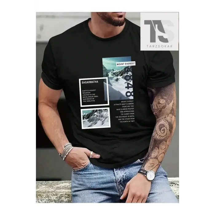 Erkek Manzara ve Slogan Baskılı Tişört