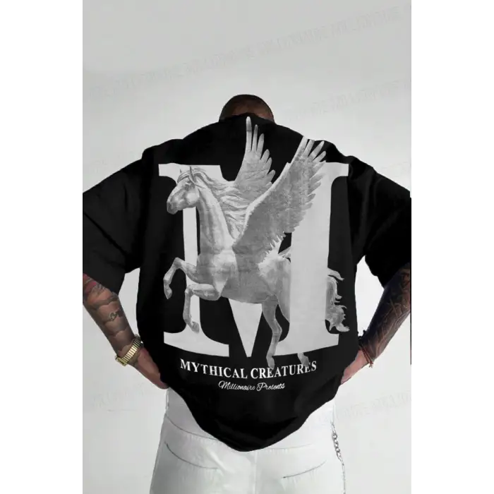 Erkek Mythical Pegasus Baskılı Siyah Bisiklet Yaka Oversize Salaş