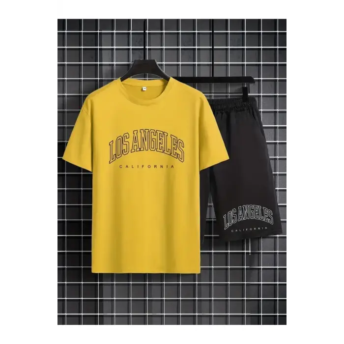 Erkek SarıLos Angeles Baskılı Basic Oversize T-Shirt- Şort Takım strup0000000000015
