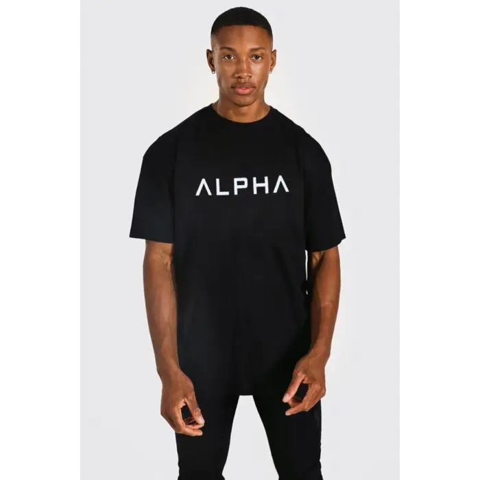 Erkek Siyah Alpha Baskılı Oversize Bisiklet Yaka T-shirt