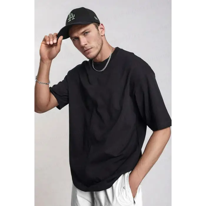 Erkek Siyah Basic Düz Baskısız Oversize Salas Boyfriend