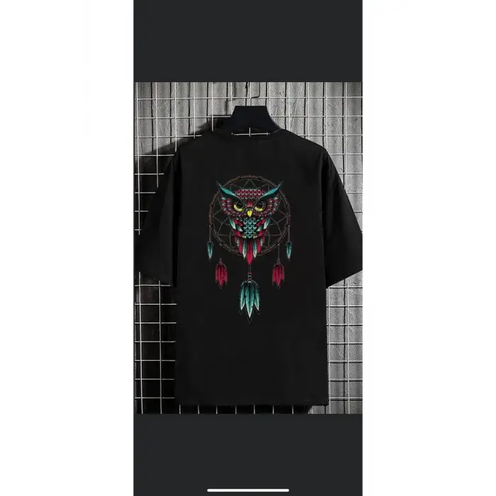 Erkek Siyah Baykuş Oversize Bisiklet Yaka Tshirt