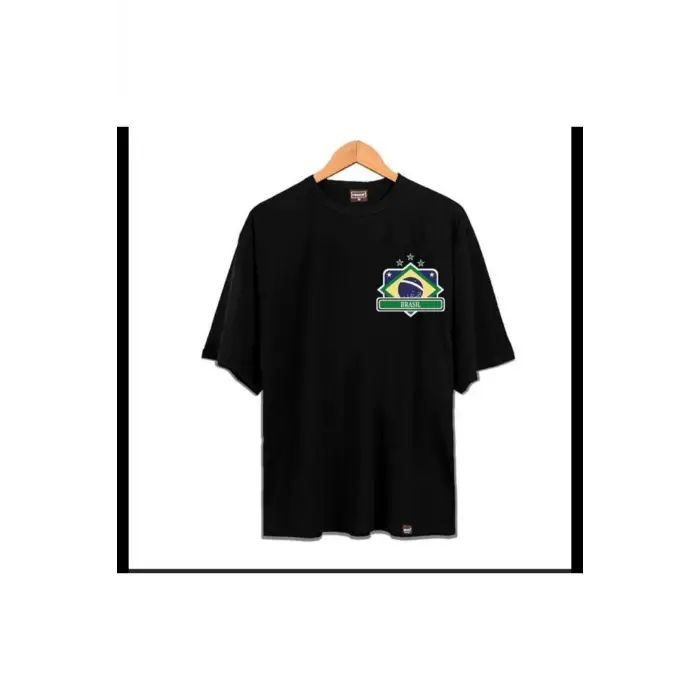 Erkek Siyah Brasıl Oversze Bisiklet Yaka Tshirt