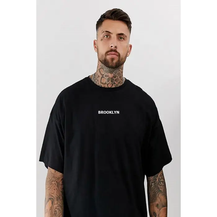 Erkek Siyah Brooklyn Baskılı Oversize Bisiklet Yaka Tişört