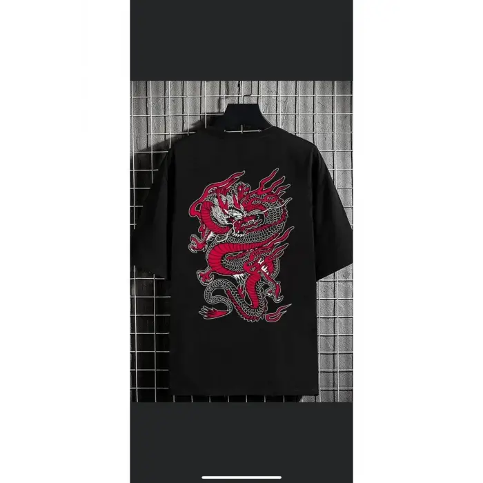Erkek Siyah Ejderha Oversize Bisiklet Yaka Tshirt