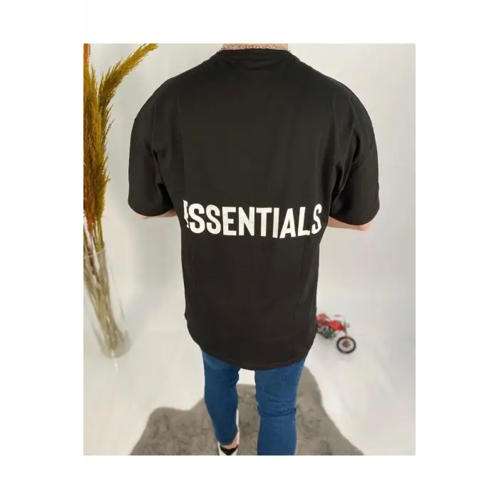 Erkek Siyah Essentials Baskılı Oversize Bisiklet Yaka T-shirt