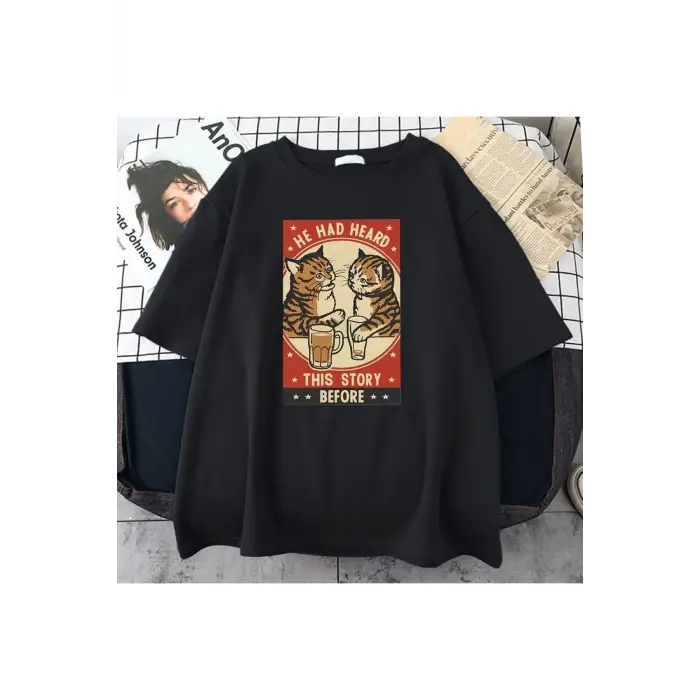 Erkek Siyah He Had Heard Baskılı Oversize Bisiklet Yaka Tshirt