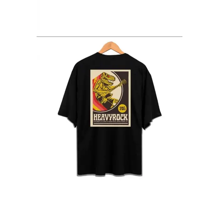 Erkek Siyah Heavy Rock Baskılı Oversize Bisiklet Yaka Tshirt