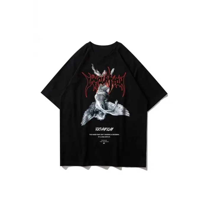 Erkek Siyah Melek Baskılı Oversize Bisiklet Yaka Tshirt
