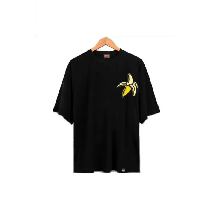 Erkek Siyah Muz Oversze Bisiklet Yaka Tshirt